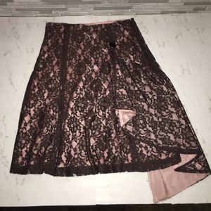 Odille Brown Lace Overlay A-Line Skirt-EUC